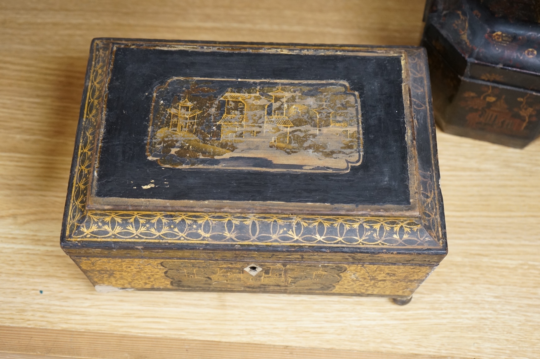 A Chinese lacquer tea caddy and a japanned sewing box (2)